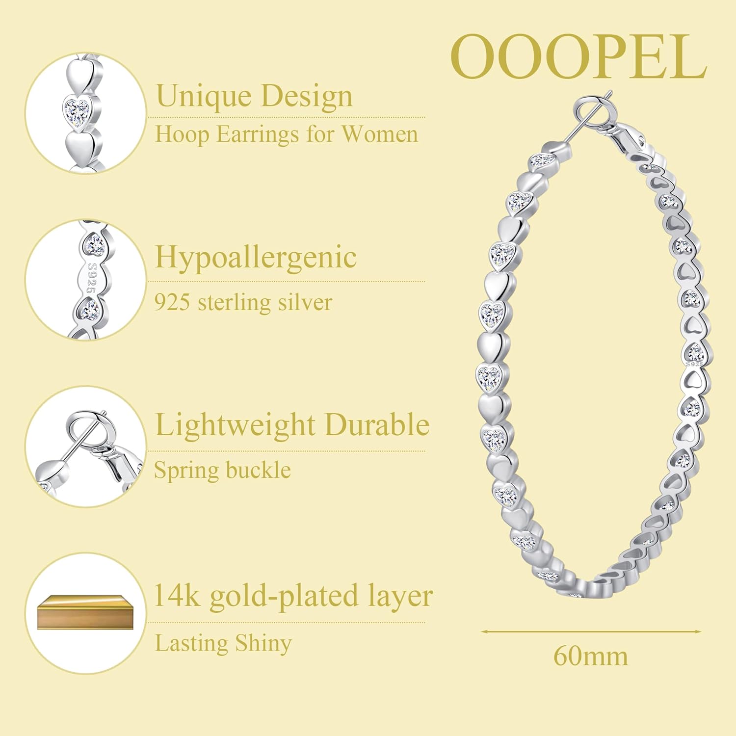 OOOPEL Heart Cubic Zirconia Large Hoop Earrings for Womens 925 Silver 14k Gold Plated Hypoallergenic Rhinestone Hoops Earring Sparkly Jewelry Gift 30/40/50/60mm