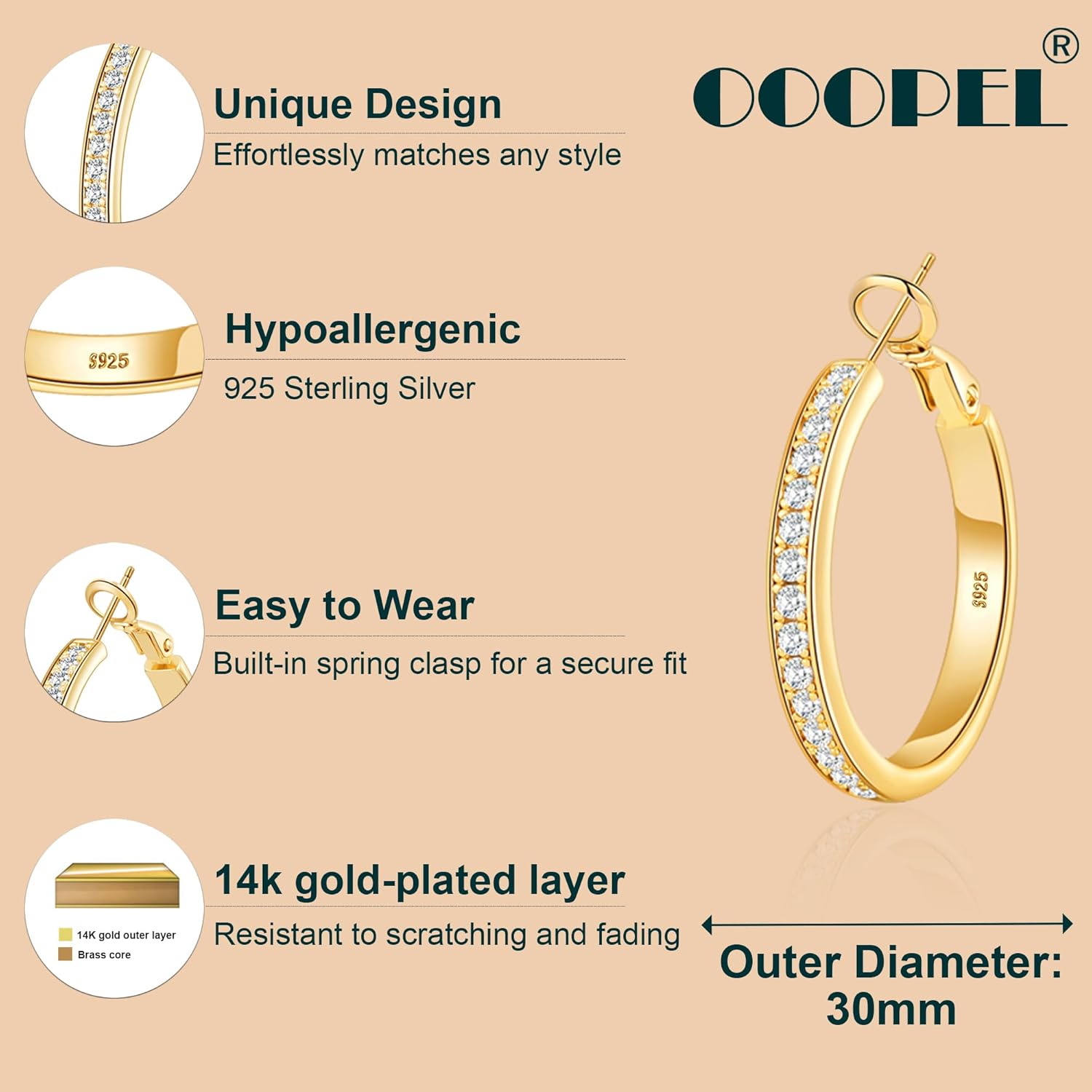 OOOPEL Large Rhinestone Hoops Sparkly Big CZ Hoop Earrings for Women Non Tarnish 925 Sterling Silver/Gold Plated Rhinestone Earrings for Sensitive Ears 30/40/50/60mm