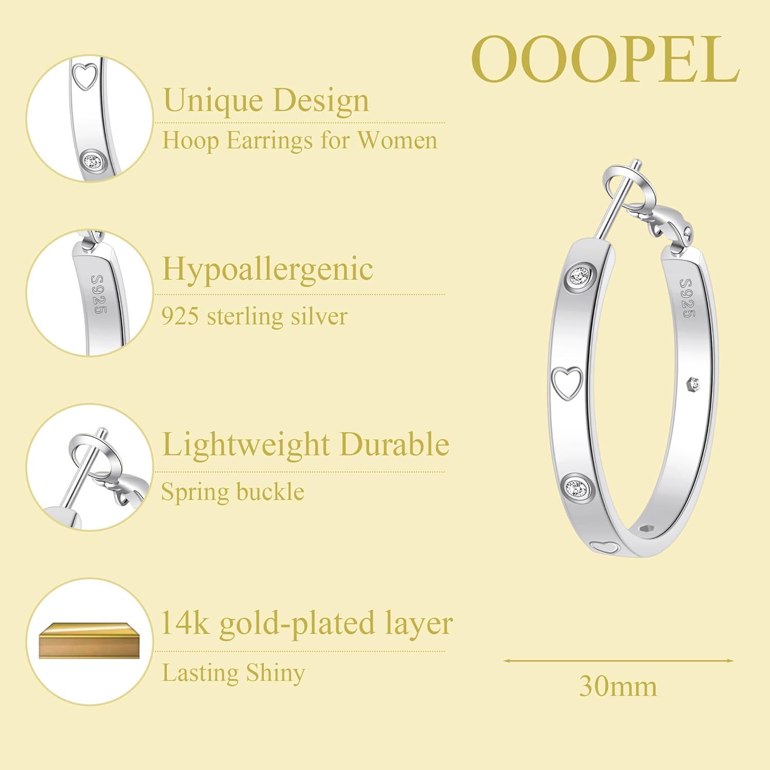 OOOPEL Sterling Silver Hoop Earrings for Women Gold Silver Large Hoops with Zirconia and Heart Engraving Hypoallergenic 4mm Wide Big Hoop Earrings for Women (30/40/50/60mm)