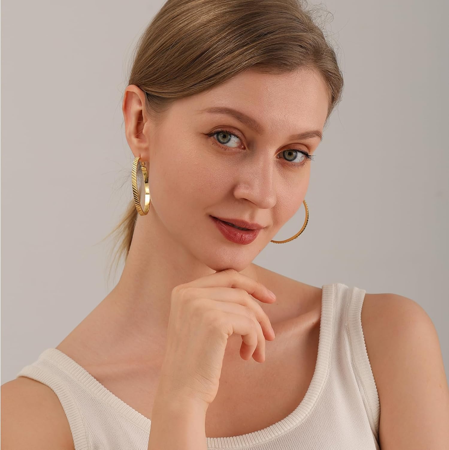 OOOPEL Wide Large Hoop Earrings for Women Stripe Chunky Hoops Minimalist S925 Sterling Silver Hypoallergenic Thick Big Gold Hoop Earrings
