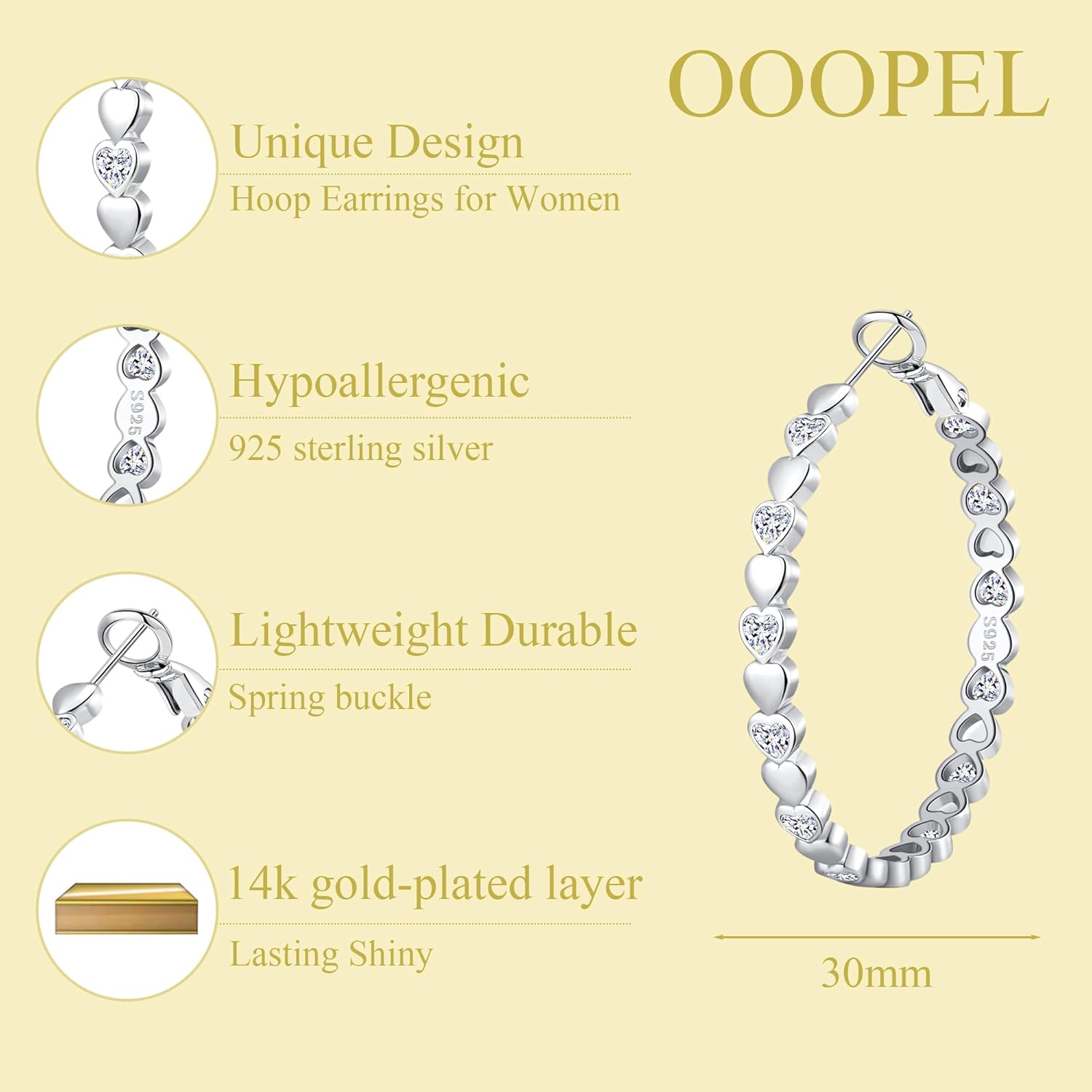 OOOPEL Heart Cubic Zirconia Large Hoop Earrings for Womens 925 Silver 14k Gold Plated Hypoallergenic Rhinestone Hoops Earring Sparkly Jewelry Gift 30/40/50/60mm