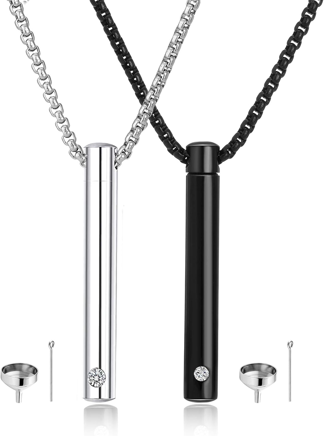 MOROTOLE 2 Pcs Urn Necklaces for Ashes Memorial Cremation Urn Necklace Stainless Steel Black Silver Tone Bar Pendant Necklace Ashes Keepsake Jewelry with Cubic Zirconia