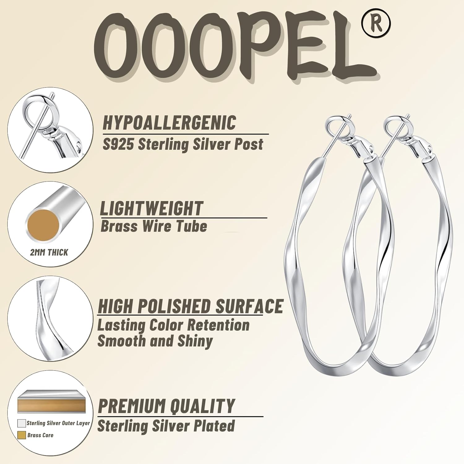OOOPEL Gold Hoops Earrings for Women, Big 925 Sterling Silver Hoop Earrings Lightweight Hypoallergenic Sterling Silver Hoop Earrings for Women 30MM 40MM 50MM 60MM