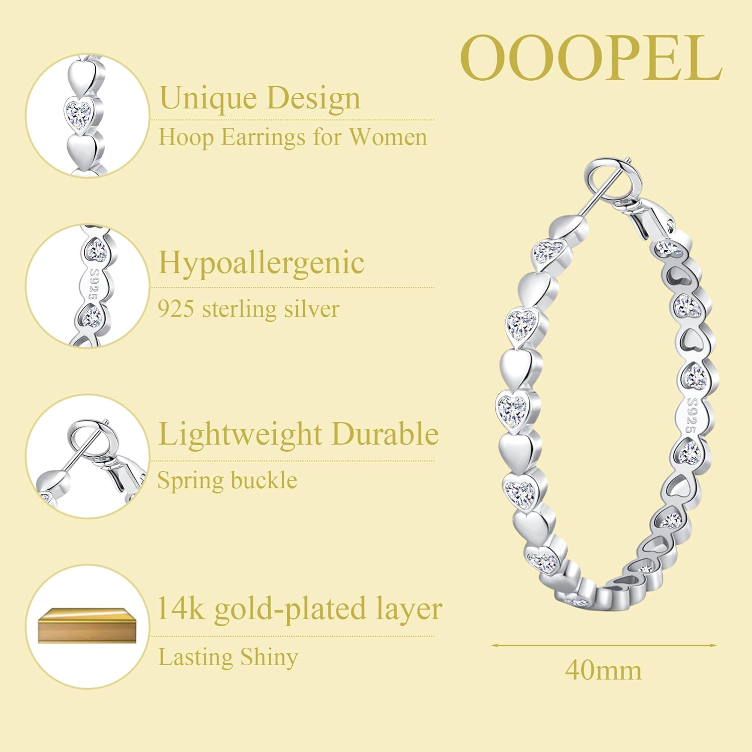 OOOPEL Heart Cubic Zirconia Large Hoop Earrings for Womens 925 Silver 14k Gold Plated Hypoallergenic Rhinestone Hoops Earring Sparkly Jewelry Gift 30/40/50/60mm