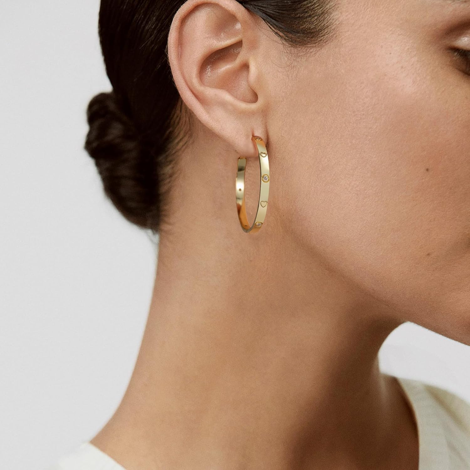 OOOPEL Sterling Silver Hoop Earrings for Women Gold Silver Large Hoops with Zirconia and Heart Engraving Hypoallergenic 4mm Wide Big Hoop Earrings for Women (30/40/50/60mm)