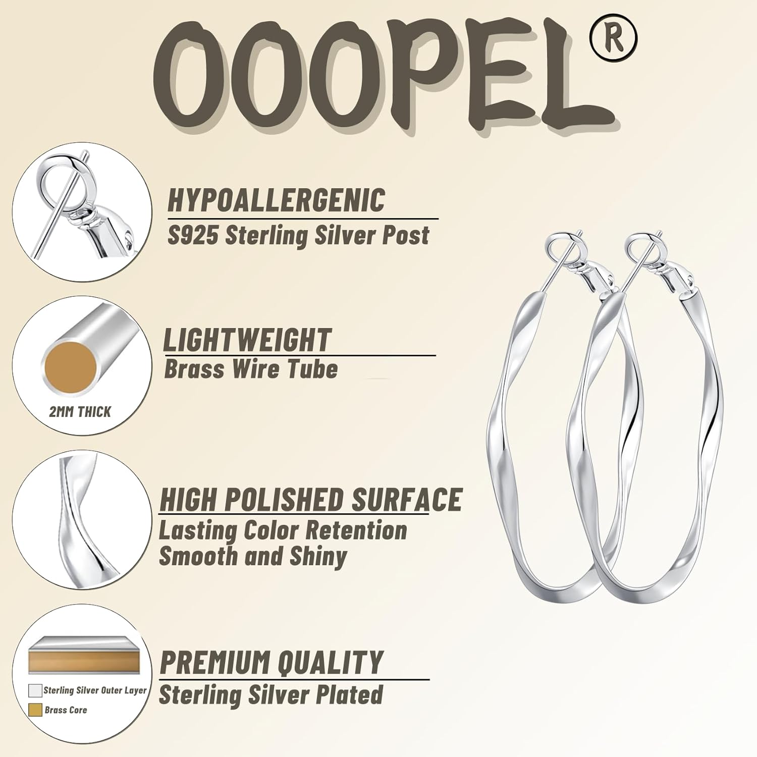 OOOPEL Gold Hoops Earrings for Women, Big 925 Sterling Silver Hoop Earrings Lightweight Hypoallergenic Sterling Silver Hoop Earrings for Women 30MM 40MM 50MM 60MM
