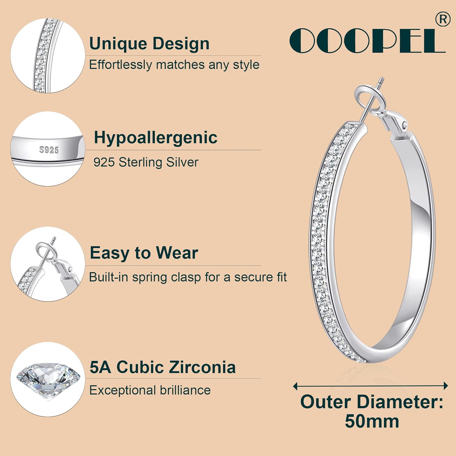 OOOPEL Large Rhinestone Hoops Sparkly Big CZ Hoop Earrings for Women Non Tarnish 925 Sterling Silver/Gold Plated Rhinestone Earrings for Sensitive Ears 30/40/50/60mm