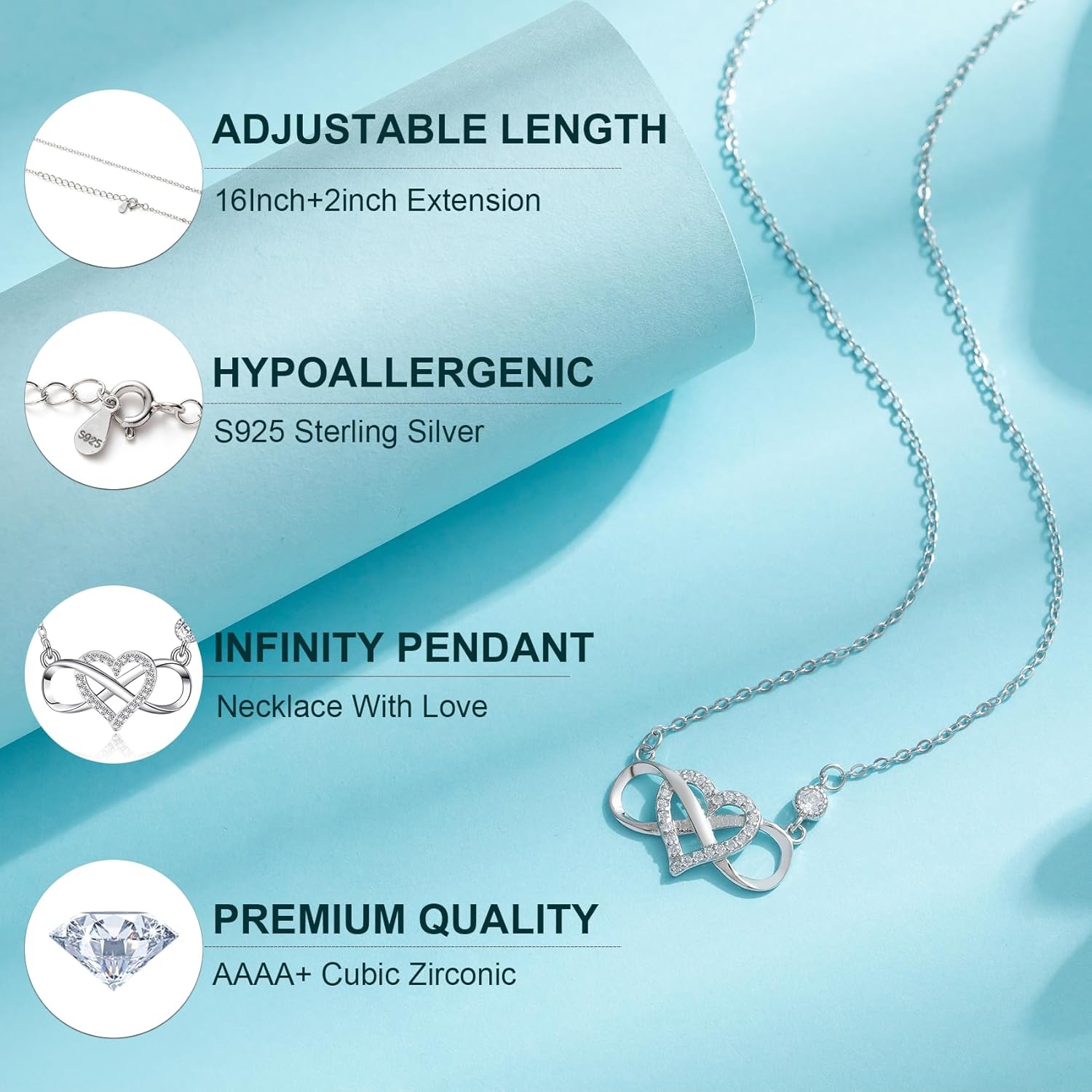 OOOPEL Gift for Mom/Daughter Sterling Silver Infinity Necklace with Heart Mother Daughter Necklace Birthday Mother's Day Gift for Mum Daughter with Love Card