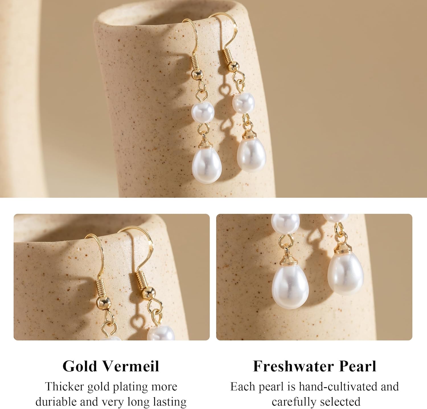 OOOPEL Pearl Earrings for Women Freshwater Pearl Dangle Earrings Sterling Silver Elegant Pearl Stud 14K Gold Plated Handpicked Freshwater Cultured Pearl Earrings Wedding Gifts for Women