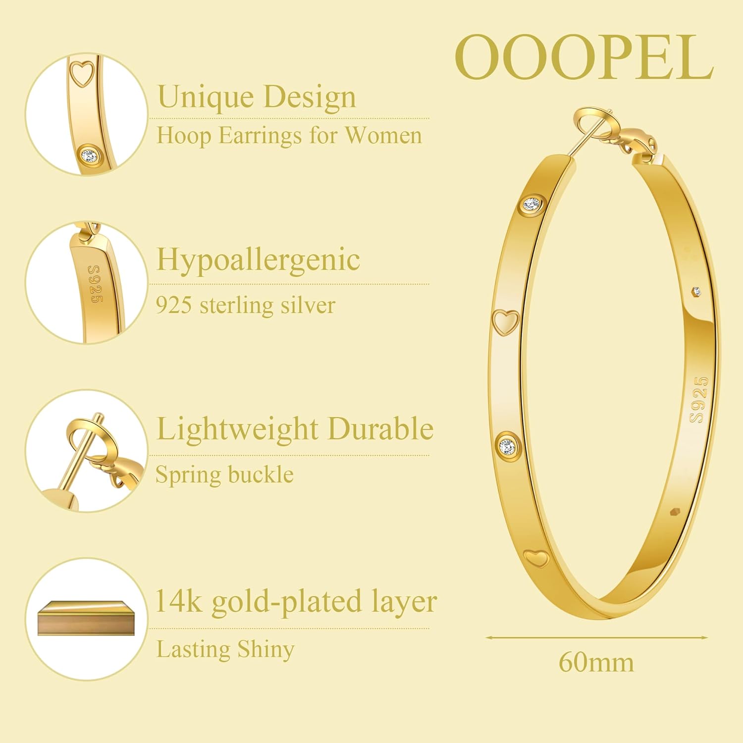 OOOPEL Sterling Silver Hoop Earrings for Women Gold Silver Large Hoops with Zirconia and Heart Engraving Hypoallergenic 4mm Wide Big Hoop Earrings for Women (30/40/50/60mm)