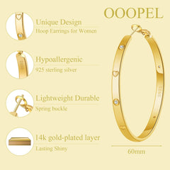 OOOPEL Sterling Silver Hoop Earrings for Women Gold Silver Large Hoops with Zirconia and Heart Engraving Hypoallergenic 4mm Wide Big Hoop Earrings for Women (30/40/50/60mm)