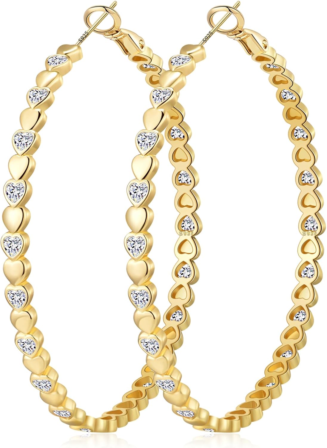 OOOPEL Heart Cubic Zirconia Large Hoop Earrings for Womens 925 Silver 14k Gold Plated Hypoallergenic Rhinestone Hoops Earring Sparkly Jewelry Gift 30/40/50/60mm