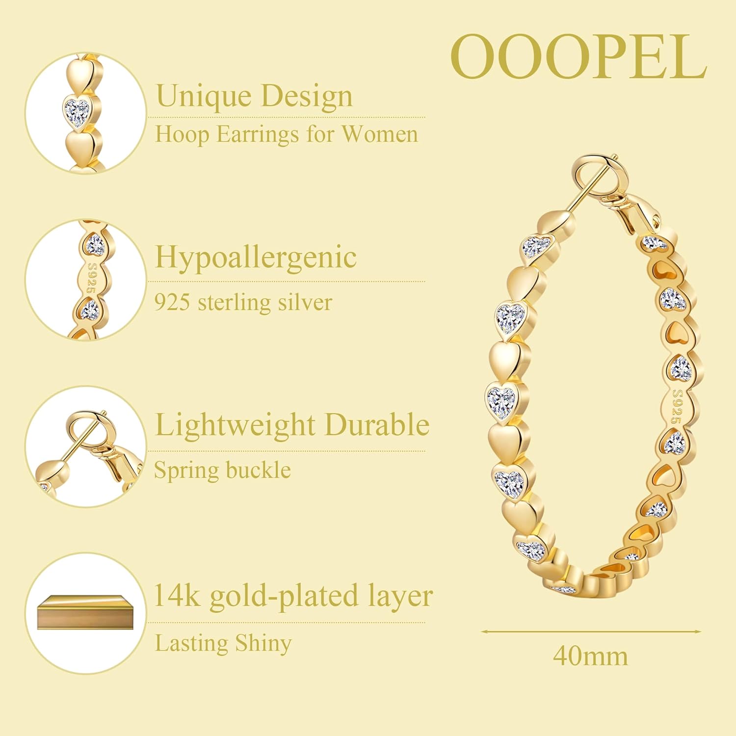OOOPEL Heart Cubic Zirconia Large Hoop Earrings for Womens 925 Silver 14k Gold Plated Hypoallergenic Rhinestone Hoops Earring Sparkly Jewelry Gift 30/40/50/60mm
