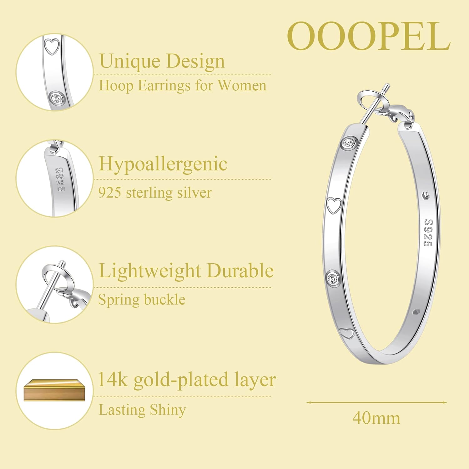 OOOPEL Sterling Silver Hoop Earrings for Women Gold Silver Large Hoops with Zirconia and Heart Engraving Hypoallergenic 4mm Wide Big Hoop Earrings for Women (30/40/50/60mm)