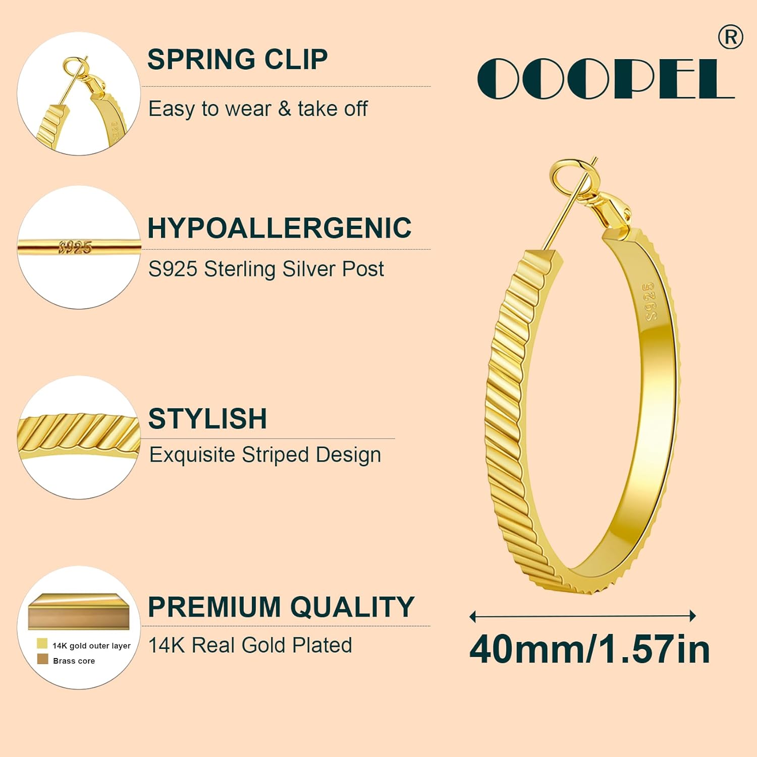 OOOPEL Wide Large Hoop Earrings for Women Stripe Chunky Hoops Minimalist S925 Sterling Silver Hypoallergenic Thick Big Gold Hoop Earrings