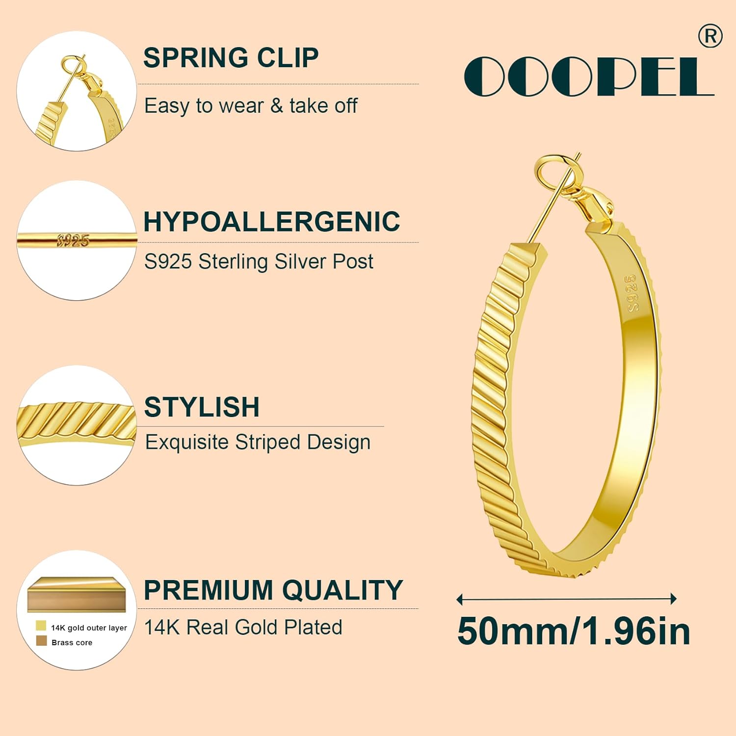 OOOPEL Wide Large Hoop Earrings for Women Stripe Chunky Hoops Minimalist S925 Sterling Silver Hypoallergenic Thick Big Gold Hoop Earrings