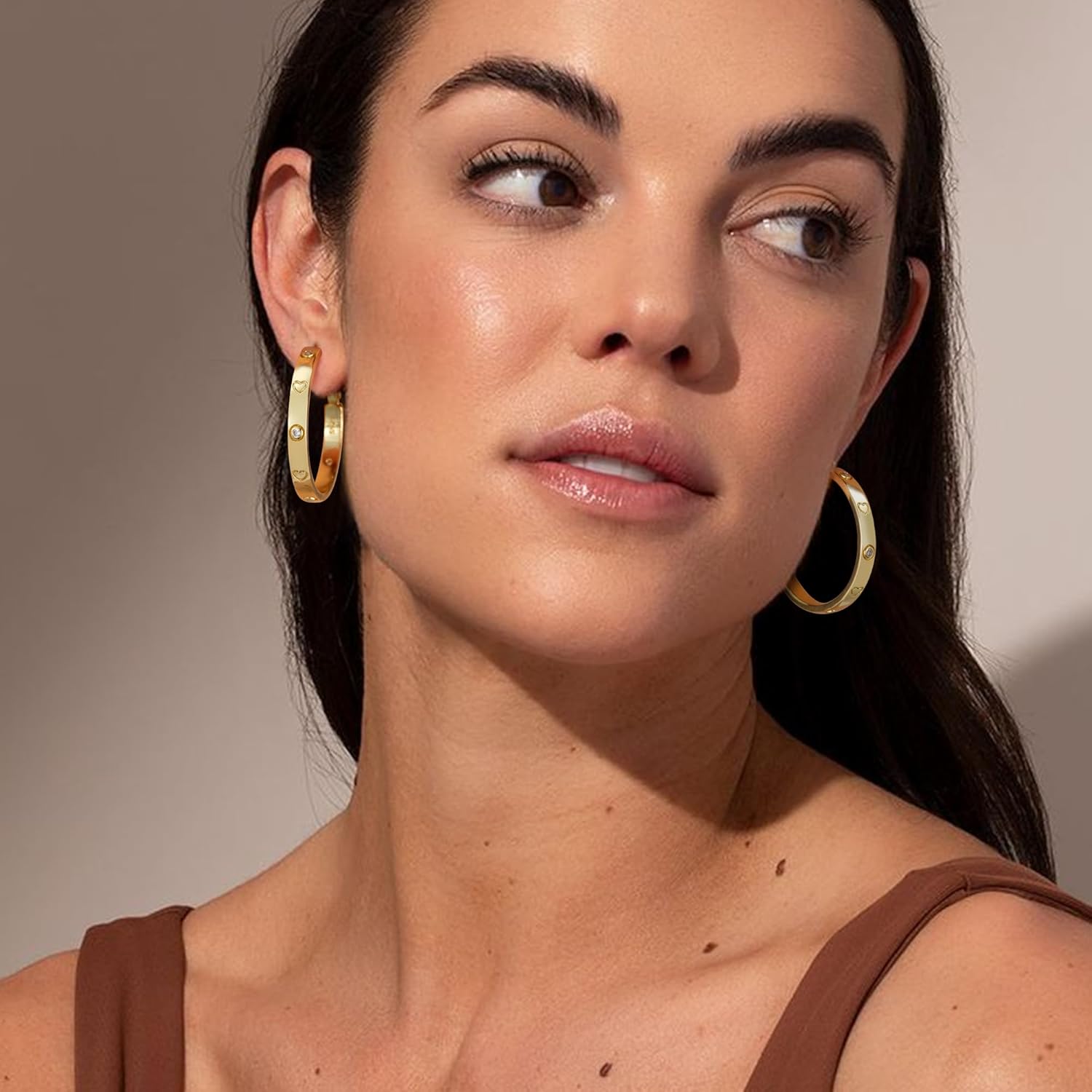OOOPEL Sterling Silver Hoop Earrings for Women Gold Silver Large Hoops with Zirconia and Heart Engraving Hypoallergenic 4mm Wide Big Hoop Earrings for Women (30/40/50/60mm)