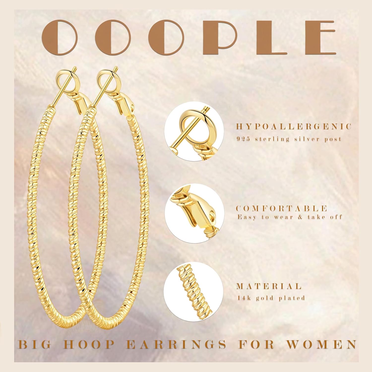 OOOPEL Gold Hoops Earrings for Women, 14k Real Gold Plated Big Earring Hoops Lightweight Earrings Hypoallergenic Large Sterling Silver Hoop Earring for Women 30MM 40MM 50MM 60MM
