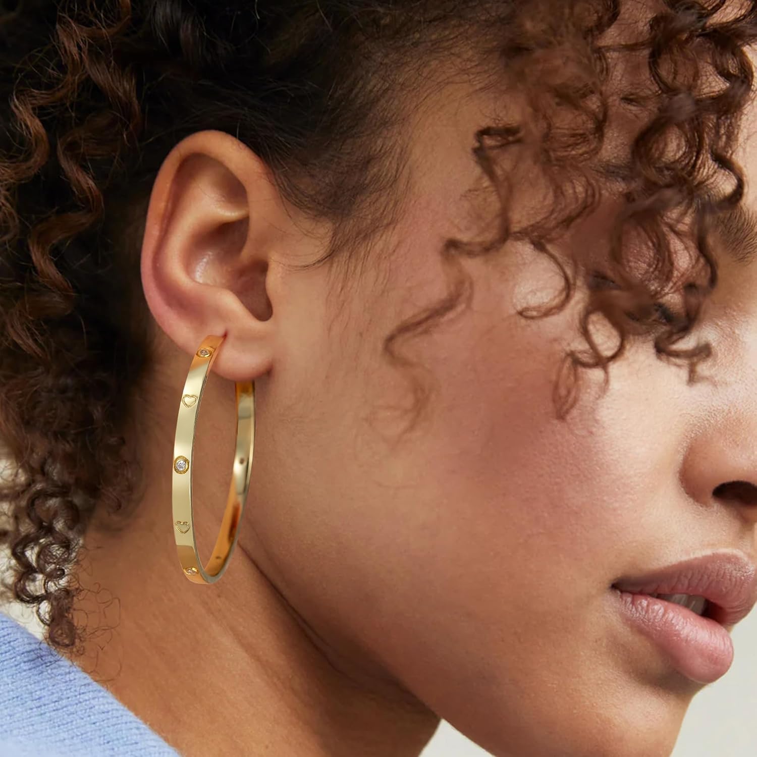 OOOPEL Sterling Silver Hoop Earrings for Women Gold Silver Large Hoops with Zirconia and Heart Engraving Hypoallergenic 4mm Wide Big Hoop Earrings for Women (30/40/50/60mm)