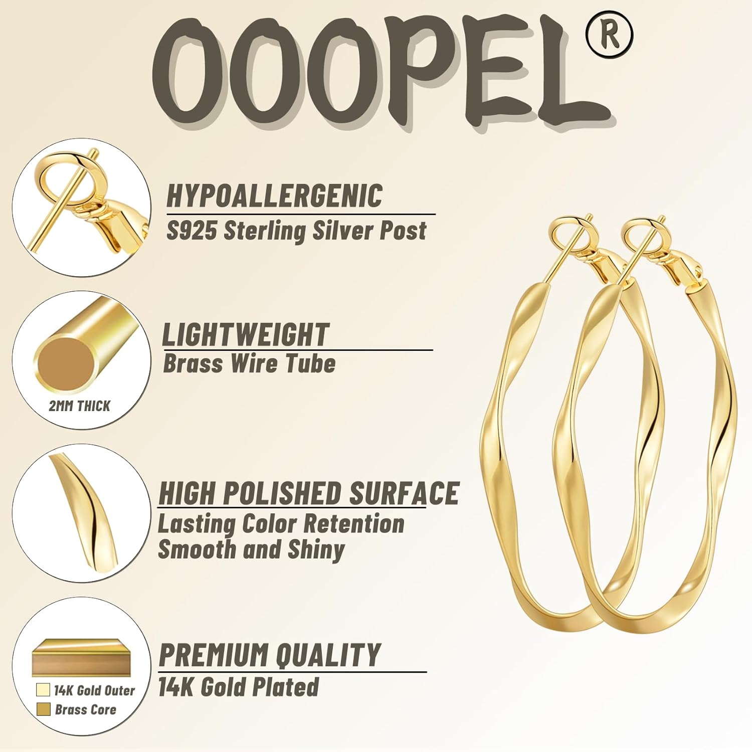 OOOPEL Gold Hoops Earrings for Women, Big 925 Sterling Silver Hoop Earrings Lightweight Hypoallergenic Sterling Silver Hoop Earrings for Women 30MM 40MM 50MM 60MM