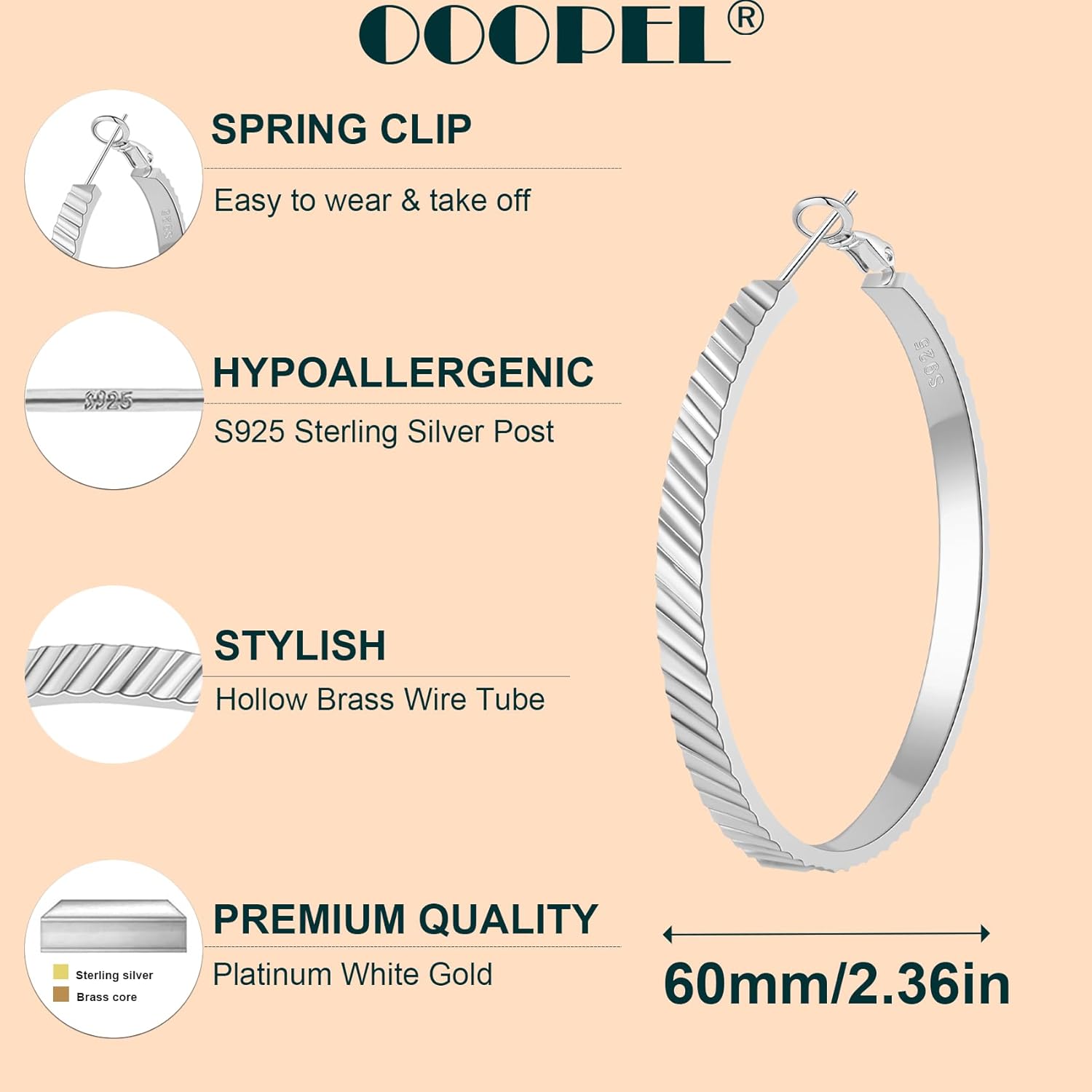 OOOPEL Wide Large Hoop Earrings for Women Stripe Chunky Hoops Minimalist S925 Sterling Silver Hypoallergenic Thick Big Gold Hoop Earrings