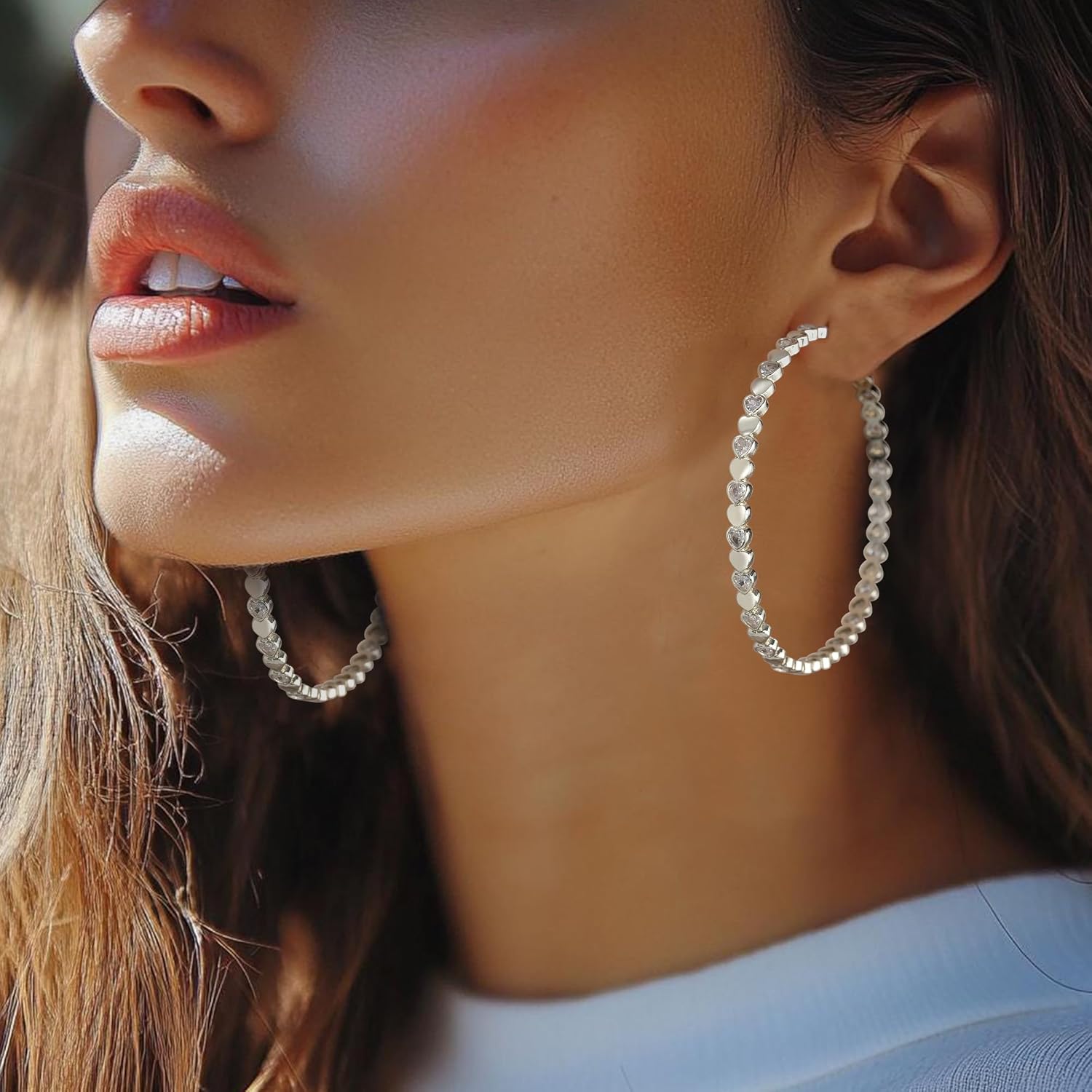 OOOPEL Heart Cubic Zirconia Large Hoop Earrings for Womens 925 Silver 14k Gold Plated Hypoallergenic Rhinestone Hoops Earring Sparkly Jewelry Gift 30/40/50/60mm
