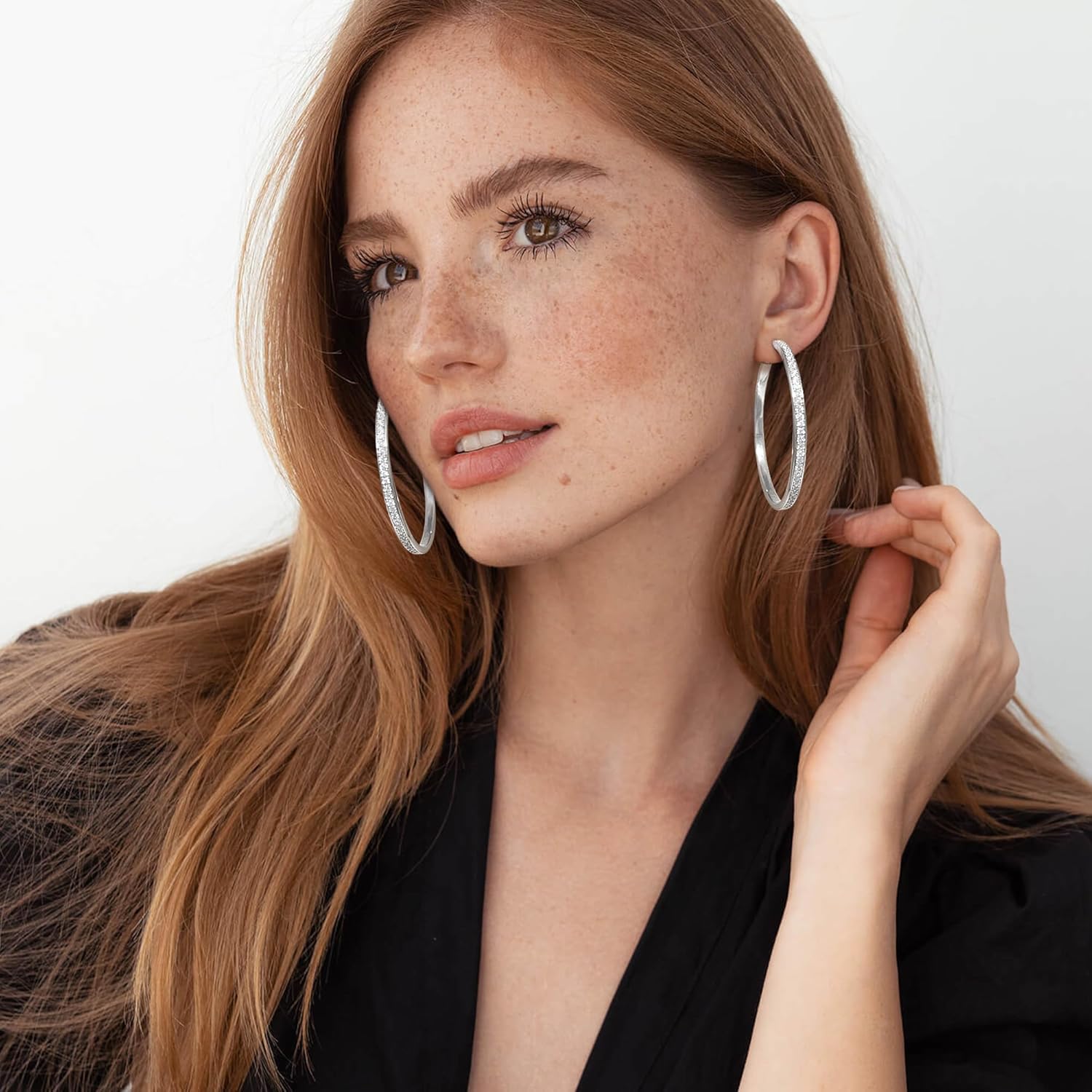 OOOPEL Large Rhinestone Hoops Sparkly Big CZ Hoop Earrings for Women Non Tarnish 925 Sterling Silver/Gold Plated Rhinestone Earrings for Sensitive Ears 30/40/50/60mm