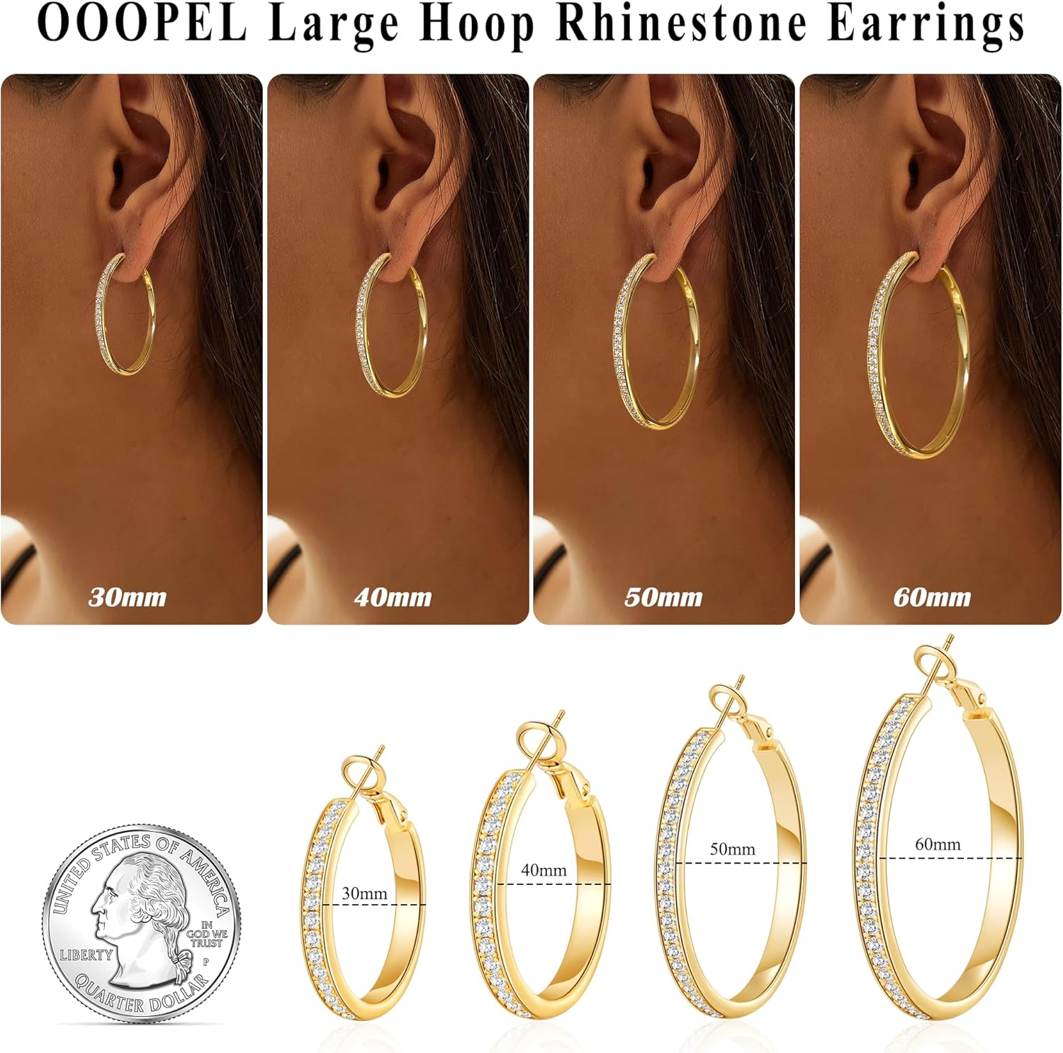 OOOPEL Large Rhinestone Hoops Sparkly Big CZ Hoop Earrings for Women Non Tarnish 925 Sterling Silver/Gold Plated Rhinestone Earrings for Sensitive Ears 30/40/50/60mm