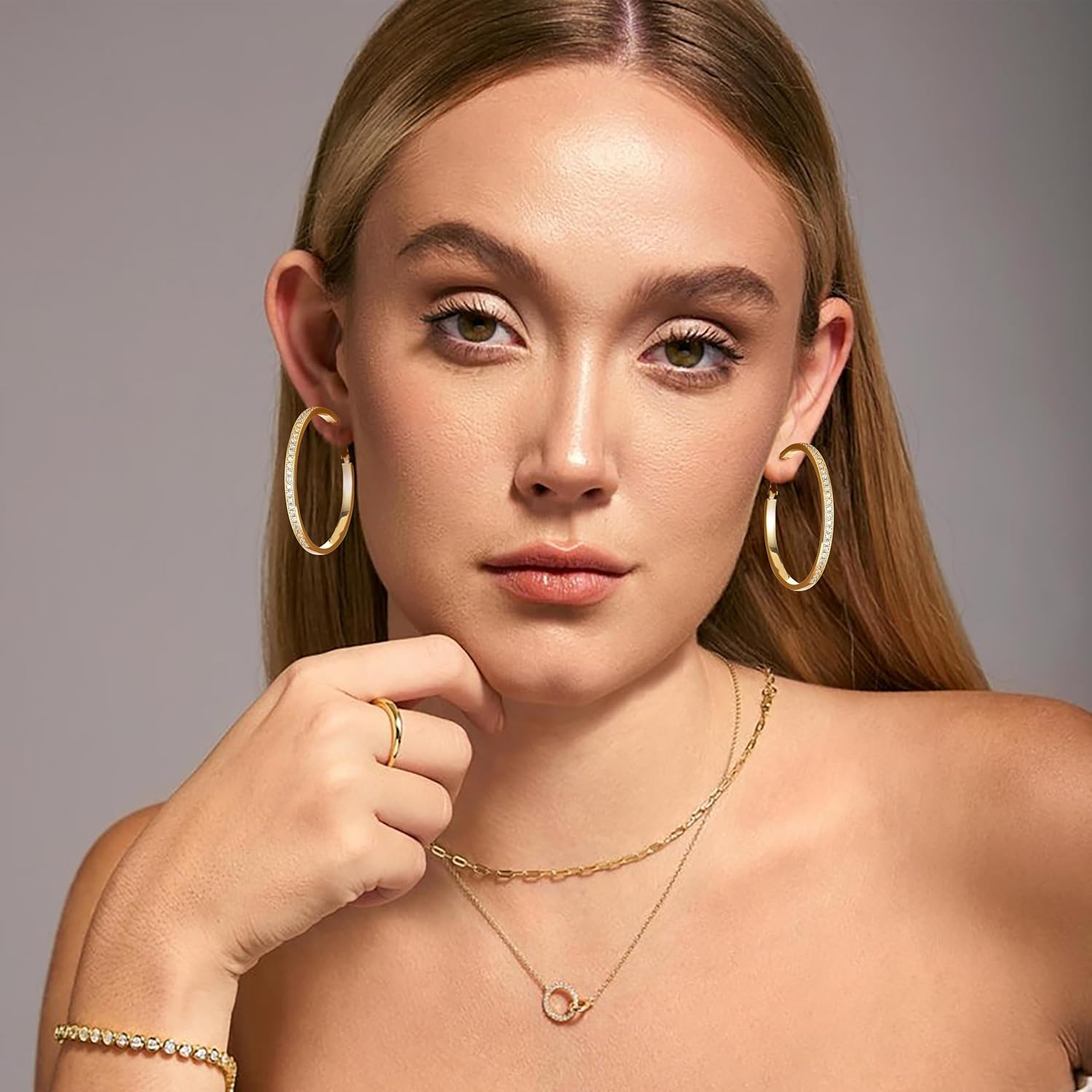 OOOPEL Large Rhinestone Hoops Sparkly Big CZ Hoop Earrings for Women Non Tarnish 925 Sterling Silver/Gold Plated Rhinestone Earrings for Sensitive Ears 30/40/50/60mm