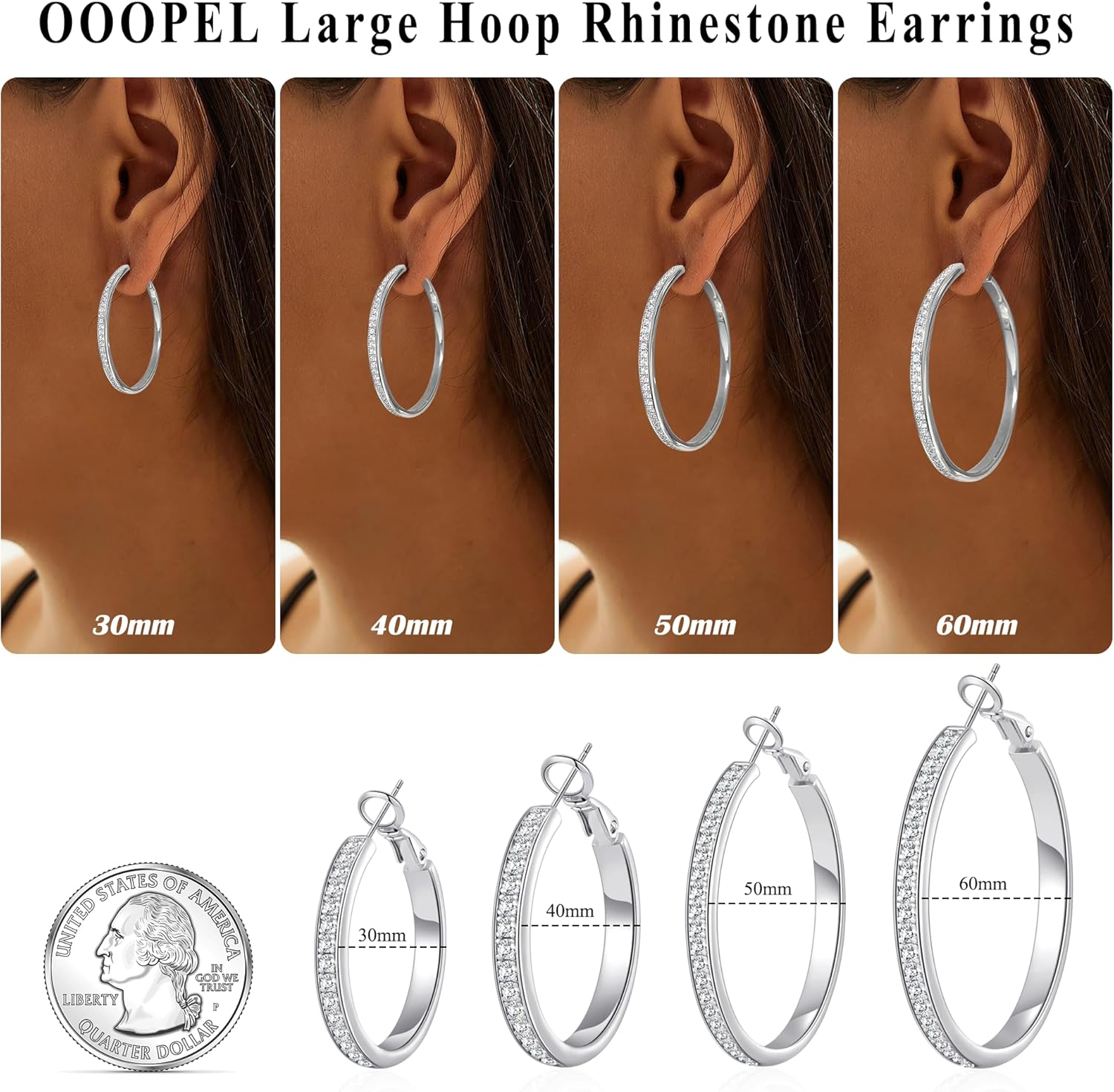 OOOPEL Large Rhinestone Hoops Sparkly Big CZ Hoop Earrings for Women Non Tarnish 925 Sterling Silver/Gold Plated Rhinestone Earrings for Sensitive Ears 30/40/50/60mm