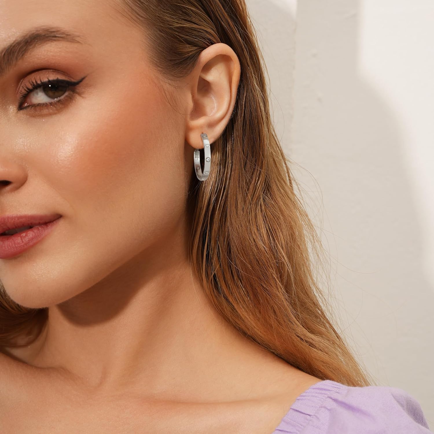 OOOPEL Sterling Silver Hoop Earrings for Women Gold Silver Large Hoops with Zirconia and Heart Engraving Hypoallergenic 4mm Wide Big Hoop Earrings for Women (30/40/50/60mm)