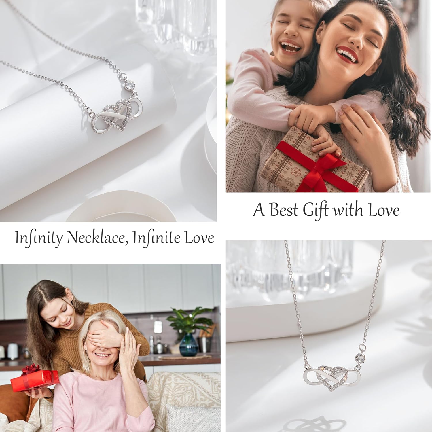OOOPEL Gift for Mom/Daughter Sterling Silver Infinity Necklace with Heart Mother Daughter Necklace Birthday Mother's Day Gift for Mum Daughter with Love Card