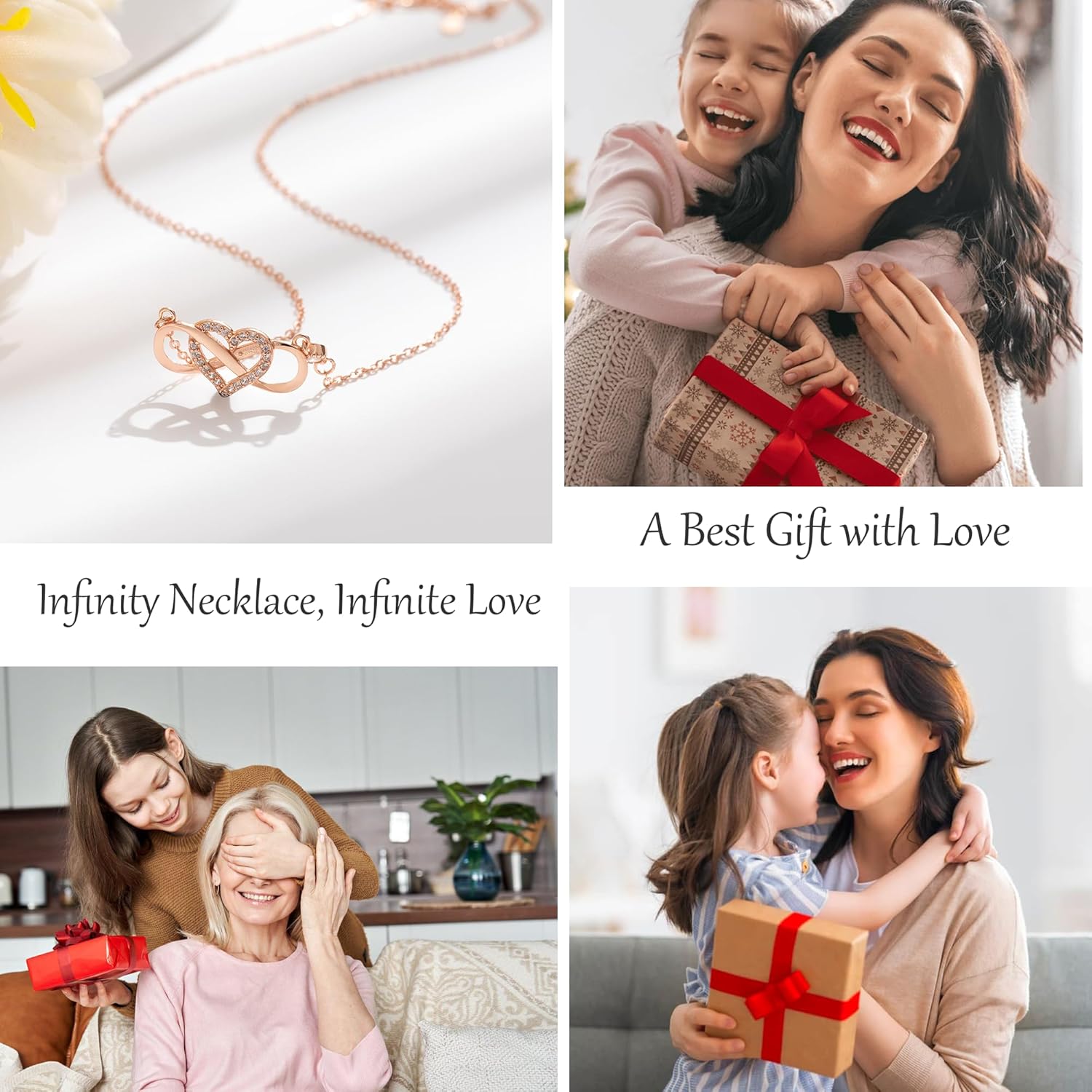 OOOPEL Gift for Mom/Daughter Sterling Silver Infinity Necklace with Heart Mother Daughter Necklace Birthday Mother's Day Gift for Mum Daughter with Love Card