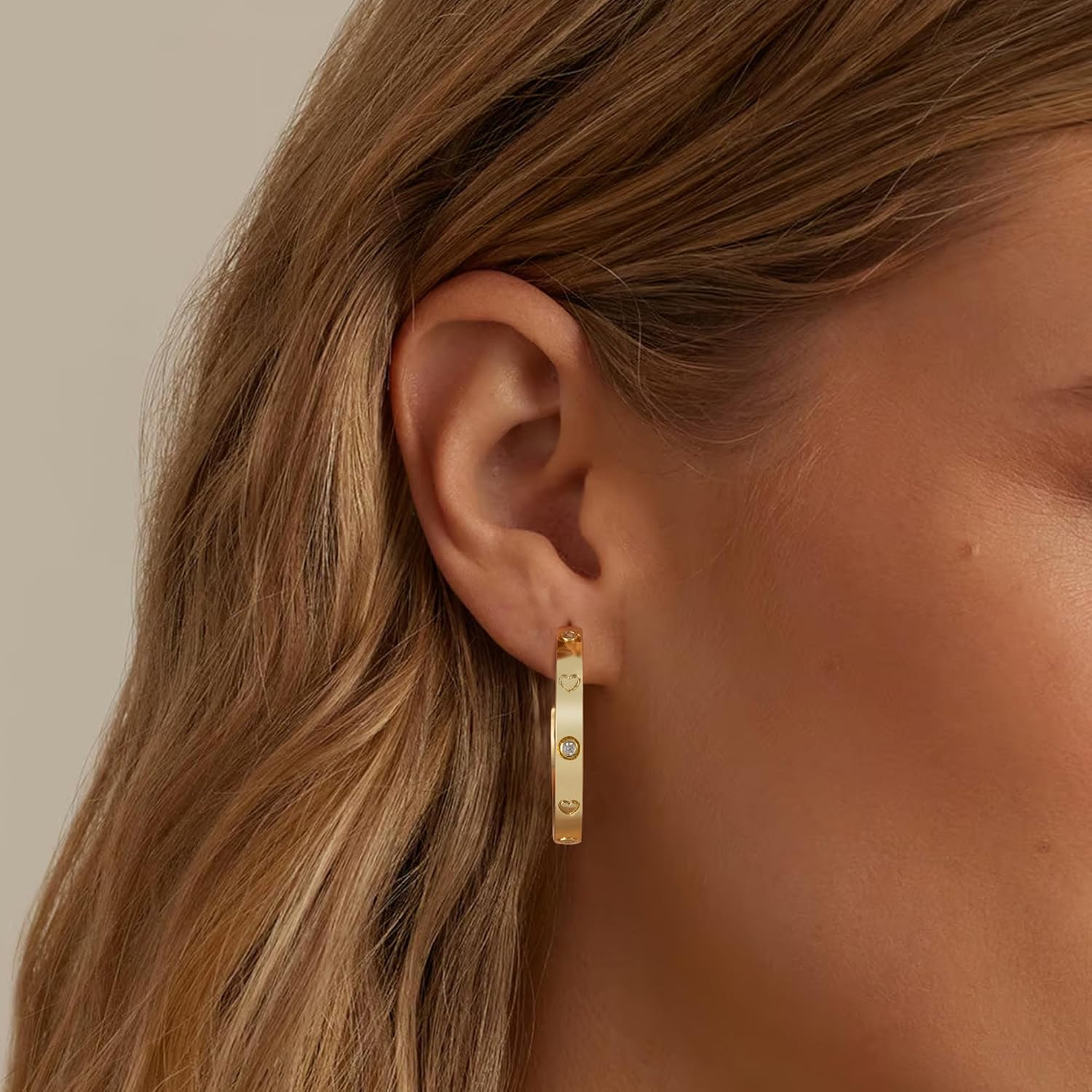 OOOPEL Sterling Silver Hoop Earrings for Women Gold Silver Large Hoops with Zirconia and Heart Engraving Hypoallergenic 4mm Wide Big Hoop Earrings for Women (30/40/50/60mm)