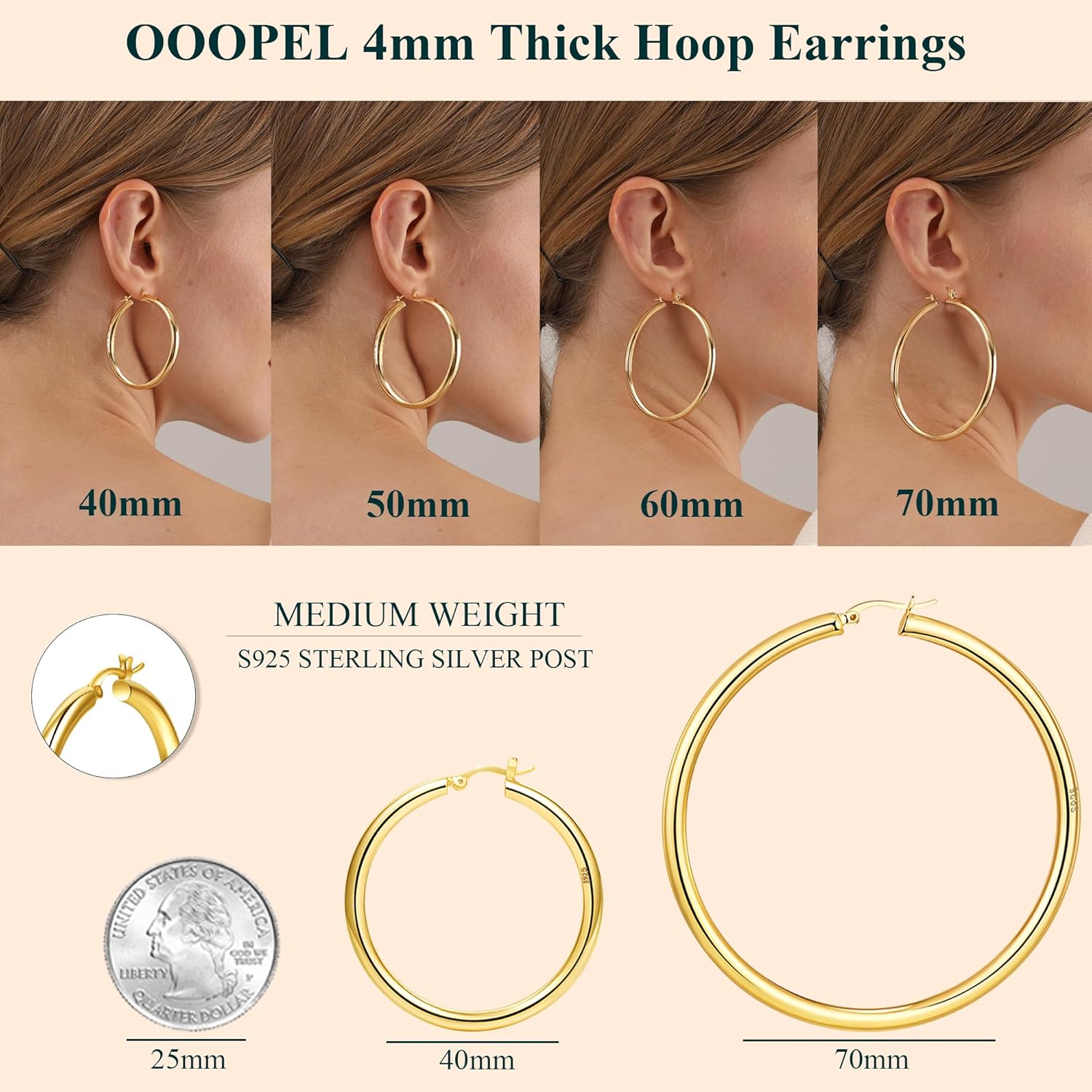 4mm Thick Gold Chunky Earrings Steling Silver Post Hoops Earrings For Women Hollow Tube Hoops Earrings Thick Gold Hoop Earrings Hypoallergenic Lightweight Gold Hoop Large Earrings 20/30/40/50/60MM