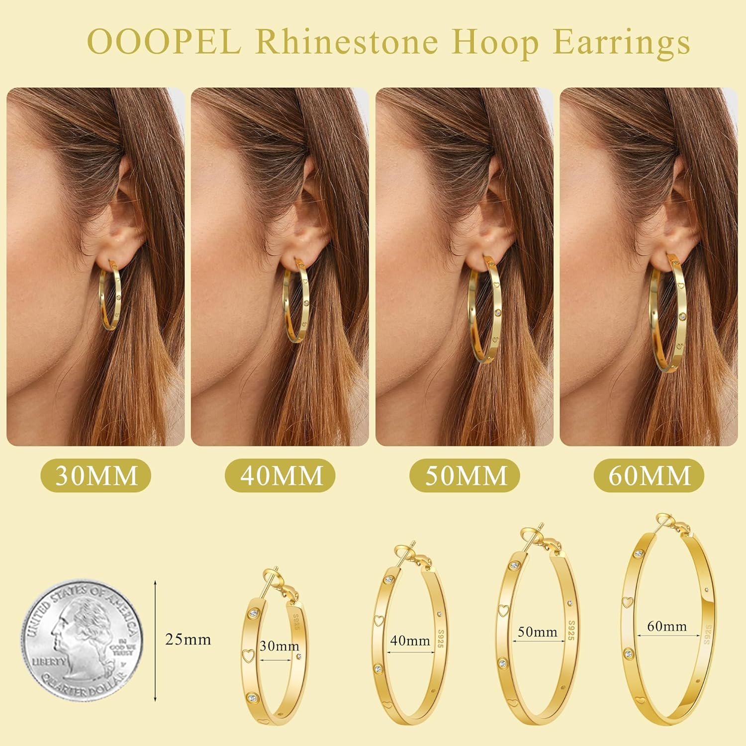 OOOPEL Sterling Silver Hoop Earrings for Women Gold Silver Large Hoops with Zirconia and Heart Engraving Hypoallergenic 4mm Wide Big Hoop Earrings for Women (30/40/50/60mm)