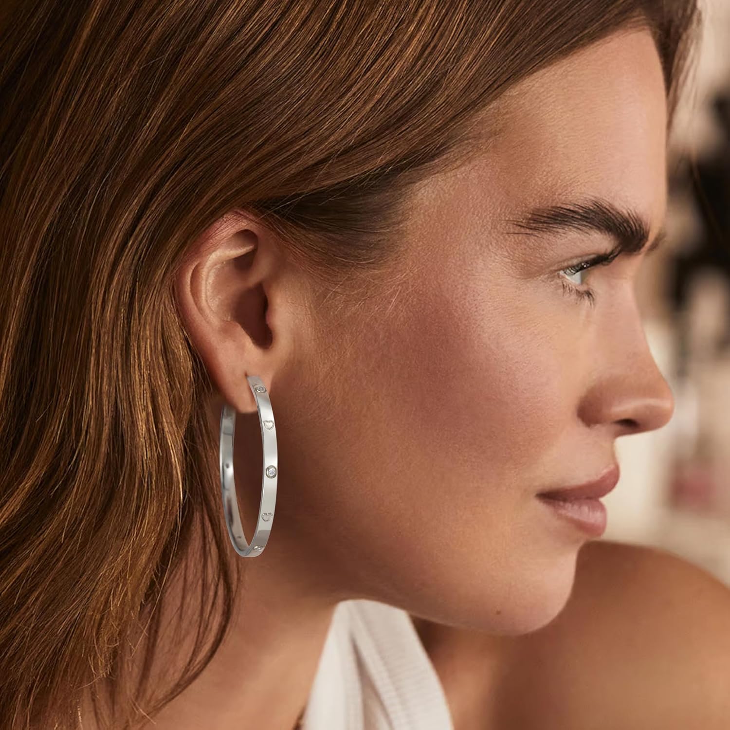 OOOPEL Sterling Silver Hoop Earrings for Women Gold Silver Large Hoops with Zirconia and Heart Engraving Hypoallergenic 4mm Wide Big Hoop Earrings for Women (30/40/50/60mm)