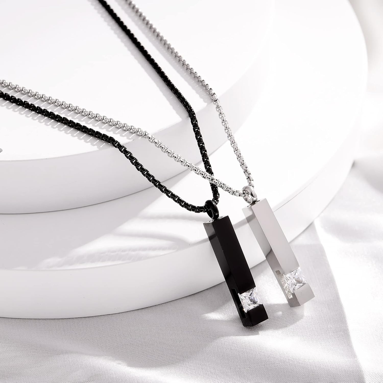 MOROTOLE 2 Pcs Urn Necklaces for Ashes Memorial Cremation Urn Necklace Stainless Steel Black Silver Tone Bar Pendant Necklace Ashes Keepsake Jewelry with Cubic Zirconia